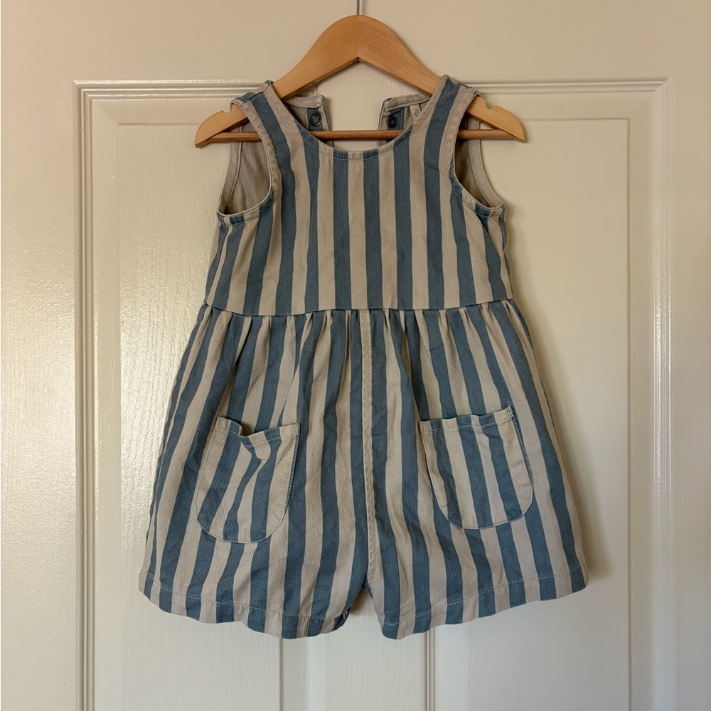Rylee + Cru Blue and White Striped Cotton Romper - size 4-5Y